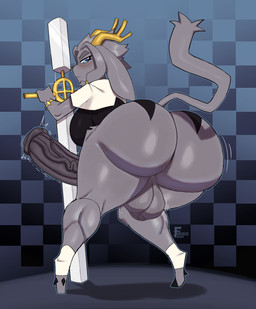 animal_genitalia animal_penis anthro antlers balls big_balls big_breasts big_butt big_penis black_penis blush bottomless bottomless_anthro bottomless_gynomorph bottomless_intersex breasts butt clothed clothing crossgender equine_genitalia equine_penis erection frown ftg_crossgender fti_crossgender fur genitals grey_body grey_fur grey_hair gynomorph hair holding_melee_weapon holding_object holding_weapon hooves horn huge_balls huge_butt huge_penis huge_thighs hyper hyper_butt hyper_genitalia hyper_penis intersex melee_weapon penis presenting presenting_hindquarters raised_tail rear_view solo tail thick_thighs vein veiny_penis weapon zr_furious pseudoregalia sybil_(pseudoregalia) bovid caprine goat hybrid jackalope lagomorph mammal absurd_res hi_res