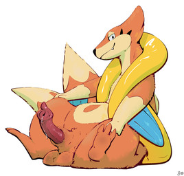 2_tails 3_toes animal_genitalia animal_penis anthro arm_fin balls bodily_fluids closed_smile cute_fangs dipstick_tail erection fangs feet fin fur genital_fluids genitals gloves_(marking) hand_on_leg looking_at_viewer male markings mouth_closed multi_tail mustelid_penis nude one_fang orange_body orange_fur penis pink_penis precum sheath simple_background sitting smile solo tail tail_markings teeth toes white_background fizzpop nintendo pokemon floatzel generation_4_pokemon pokemon_(species) hi_res signature