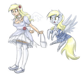 accessory alternate_species back_bow back_wings blonde_hair blue_clothing blue_dress bracelet breasts choker cleavage clothed clothed_feral clothing cross-eyed derp_eyes dress duo feathered_wings feathers female feral flats_(shoes) flower flower_in_hair flying footwear frilly frilly_clothing frilly_dress fur grey_body grey_clothing grey_dress grey_footwear grey_fur grey_shoes grey_wings hair hair_accessory hairband holding_purse humanized jewelry legwear long_hair looking_at_another necklace open_mouth open_smile plant purse rose_(flower) shoes simple_background smile square_crossover stockings tail thigh_highs tongue tongue_out white_background white_choker white_clothing white_jewelry white_legwear white_necklace white_stockings white_thigh_highs wings yellow_eyes yellow_tail king-kakapo friendship_is_magic hasbro my_little_pony mythology derpy_hooves_(mlp) equid equine human mammal mythological_creature mythological_equine pegasus 2016 hi_res