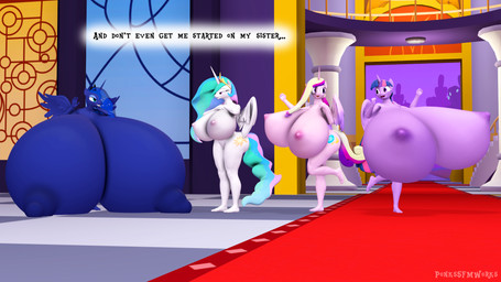 anthro big_breasts blush breast_size_difference breasts dialogue female group horn huge_breasts hyper hyper_breasts nipples nude standing text wings pinkierawr friendship_is_magic hasbro my_little_pony mythology princess_cadance_(mlp) princess_celestia_(mlp) princess_luna_(mlp) twilight_sparkle_(mlp) equid equine mammal mythological_creature mythological_equine winged_unicorn 16:9 3d_(artwork) digital_media_(artwork) english_text hi_res widescreen sibling_(lore) sister_(lore) sisters_(lore)