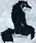 abstract_background anthro biceps black_body black_fur black_nose blush countershading fangs fur looking_at_viewer looking_back male muscular muscular_anthro muscular_male nude simple_background solo tail teeth white_body white_fur aluminemsiren orion_(aluminemsiren) canid canine canis mammal wolf