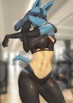 2022 anthro athletic athletic_female bodily_fluids bottomwear bra breasts camel_toe canid canine clothed clothing conditional_dnp digital_media_(artwork) female fur generation_4_pokemon genital_outline glistening glistening_body gym hi_res looking_at_viewer lucario mammal medium_breasts midriff navel nintendo open_mouth pants pokemon pokemon_(species) red_eyes solo sports_bra sportswear steam sweat sweatdrop tight_clothing underwear whisperingfornothing yoga_pants