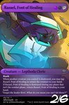 card card_template clothed clothing copyright_symbol green_eyes hair hat headgear headwear purple_hair purple_nose shirt solo symbol tail text topwear trading_card trading_card_game trading_card_template bbsartboutique lepthoda_cleric character_badge_(artwork) english_text hi_res