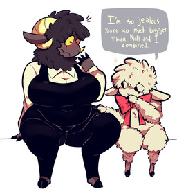 ambiguous_gender anthro belly big_belly big_breasts black_body black_bottomwear black_clothing black_dress black_fur black_pants black_skin black_wool blush blush_stickers bottomwear breasts clothing collared_shirt dialogue dress dress_shirt eyelashes female fur hand_on_leg hand_on_thigh hooves horizontal_pupils horn navel_outline pants pseudo_clothing pupils red_bow shirt simple_background sitting size_envy slightly_chubby slightly_chubby_female sparkles thick_thighs topwear white_background white_body white_clothing white_dress_shirt white_fur white_skin white_topwear white_wool wool_(fur) wool_clothing yellow_sclera astonarts jamu_(astonarts) nil_(astonarts) bovid caprine mammal sheep 2026 hi_res male_(lore)