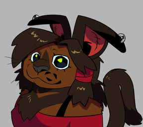 anthro big_ears big_eyes bra_strap brown_body brown_fur brown_hair cat_smile cheek_markings clothing ear_piercing ear_ring facial_markings female floppy_ears fur hair head_markings long_tail looking_at_viewer markings neck_tuft piercing ring_piercing shirt short_hair simple_background solo t-shirt tail tied_hair topwear tuft whiskers cabbitdork unnamed_character lagomorph mammal digital_drawing_(artwork) digital_media_(artwork) hi_res