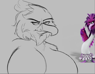 anthro beak big_breasts breasts feather_hair feathers female half-closed_eyes looking_away narrowed_eyes non-mammal_breasts pseudo_hair sharp_teeth solo teeth hallowmob angry_birds rovio_entertainment sega the_angry_birds_movie zeta_(angry_birds) accipitrid accipitriform avian bird eagle 2025 digital_media_(artwork) guide_lines monochrome