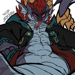 anthro apode clothing fangs fin jacket legless muscular perspective red_eyes serpentine smile smug solo teeth tongue tongue_out topwear yellow_sclera blitzdrachin conditional_dnp draconcopode naga reptile scalie snake viper 1:1 2023