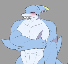 abs anthro big_muscles big_pecs black_sclera blush embarrassed fin fin_piercing furgonomic_piercing furgonomics head_fin male muscular nude_anthro nude_male pecs piercing teeth yellow_eyes blueberry_milk_(artist) aquatic fish shark hi_res
