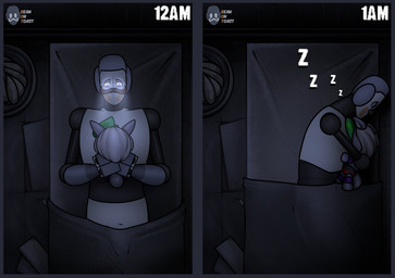 facial_hair glowing glowing_eyes hug hugging_object hugging_plushie machine male mustache plushie sleeping solo under_covers beanontoast five_nights_at_freddy's five_nights_at_freddy's:_security_breach scottgames steel_wool_studios roxanne_wolf roxanne_wolf_plush_(fnaf) s.t.a.f.f._bot_(fnaf) humanoid robot robot_humanoid comic hi_res