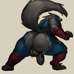 anthro blue_bottomwear blue_clothing blue_mask blue_pants bottomwear butt clothed clothing exposed_butt fur genitals gloves grey_body grey_fur handwear looking_back male multicolored_clothing multicolored_topwear muscular muscular_anthro muscular_male pants penis rear_view red_clothing red_eyes simple_background solo tail tan_background topwear torn_bottomwear torn_clothing torn_pants uniform white_clothing cryingfatcat marvel mythology captain_america capwolf canid canine mammal mythological_canine mythological_creature werecanid werecanine werecreature werewolf 1:1 2026 absurd_res digital_media_(artwork) hi_res