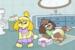 anthro blush bodily_fluids clothed clothing diaper duo feces female fur genital_fluids male soiled soiled_diaper tail unclean_diaper urine used_diaper wearing_diaper wet_diaper mrvonfuzzlebutt animal_crossing nintendo digby_(animal_crossing) isabelle_(animal_crossing) canid canine canis domestic_dog mammal shih_tzu toy_dog sibling_(lore)