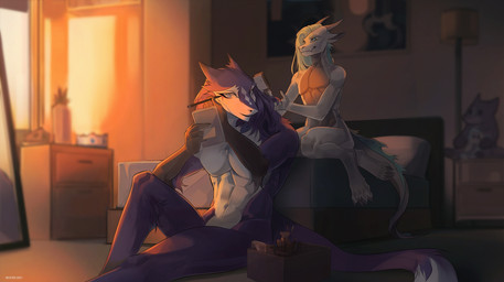 anthro bed blue_eyes brown_body duo femboy fur furniture green_hair hair inside kneeling makeup male mouth_closed muscular muscular_anthro muscular_male navel nude on_bed pecs purple_body purple_fur sitting tail text white_body white_fur unknowhiter mythology dragon mythological_creature mythological_scalie scalie sergal 2021 absurd_res artist_name dated hi_res