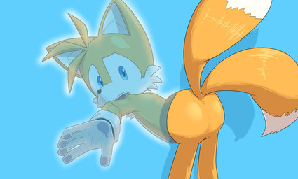 2_tails anthro bent_over blue_eyes blush butt clothing fur gloves handwear male multi_tail orange_body orange_fur solo stuck tail through_wall young young_anthro young_male seen023hey sega sonic_the_hedgehog_(series) miles_prower canid canine fox mammal absurd_res hi_res