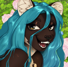 anthro blue_hair brown_body brown_eyes brown_fur fangs female fur hair long_hair smile solo teeth white_body white_fur erival rada_(erival) gulonine mammal marten mustelid musteline pine_marten icon portrait