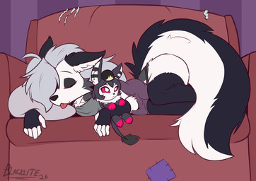 anthro eyes_closed female fur furniture grey_body grey_fur plushie sleeping sofa solo tongue tongue_out white_body white_fur blacklite hellaverse helluva_boss mythology loona_(helluva_boss) canid canid_demon canine demon hellhound mammal mythological_canine mythological_creature unfinished