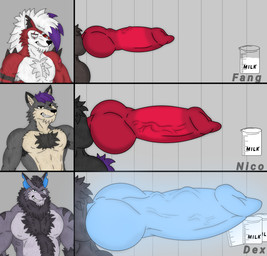 animal_genitalia animal_penis anthro balls body_hair canine_genitalia canine_penis chest_hair comparing fur genitals group hair knot male male/male milk mohawk penis pubes purple_hair red_body red_fur scar trio vein veiny_penis nicolasthewolf nintendo pokemon canid canine canis generation_7_pokemon lycanroc mammal midnight_lycanroc pokemon_(species) tufflaze wolf absurd_res hi_res