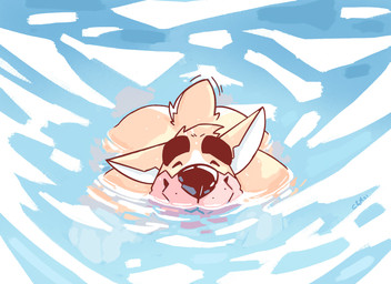 anthro black_eyebrows closed_smile eyebrows eyes_closed fur male male_anthro mouth_closed nude partially_submerged smile solo white_inner_ear yellow_body yellow_ears yellow_fur chocolateandmilk richard_(chocolateandmilk) canid canine canis domestic_dog mammal 2021 dated hi_res signature