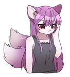 anthro black_clothing black_topwear blush breasts clothing ear_tuft female female_anthro fingers fluffy fluffy_tail fur hair kemono long_hair multi_tail purple_body purple_eyes purple_fur purple_hair simple_background solo tail topwear tuft white_background white_body white_fur nachiwanko canid canine fox mammal 2021 digital_media_(artwork) half-length_portrait hi_res portrait