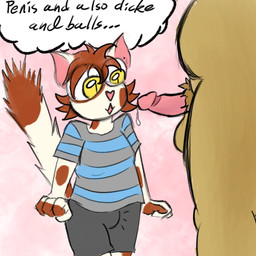 abstract_background anthro bodily_fluids bulge chibi dripping duo erection genital_fluids male male/male precum precum_drip slightly_chubby text lazy_ruby enny_gima roger_mello_(dynamitegrizzly) canid canine domestic_cat felid feline felis mammal raccoon_dog tanuki turkish_van 1:1 low_res