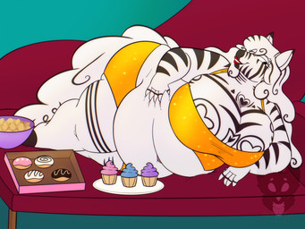 5_fingers anthro belly big_belly big_breasts biped black_stripes bottomwear bowl breasts chaise_lounge clothing container cupcake dipstick_ears ear_markings facial_markings female fingers food fur furniture hair head_markings heart_(marking) hooves huge_breasts humanoid_hands lipstick lying lying_on_sofa makeup markings multicolored_ears on_side on_sofa pastry plate red_lipstick sofa solo sparkles sparkling_clothing striped_arms striped_body striped_face striped_fur striped_hair striped_legs stripes tail topwear unguligrade white_body white_fur white_tail yellow_bottomwear yellow_clothing yellow_topwear strawberrymilkdog equid equine mammal zebra 2023 character_request hi_res