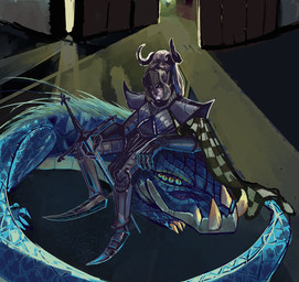 abstract_background ambiguous_gender armor black_armor black_eyes black_helmet blue_body blue_scales breastplate cape checkered_cape claws clothed clothing duo feral fingers front_view fully_clothed gauntlets gloves grey_hair hair handwear holding_melee_weapon holding_object holding_sword holding_weapon knight looking_at_viewer male mane melee_weapon mouth_closed multi_eye multicolored_body multicolored_cape multicolored_clothing multicolored_scales pupils red_cape red_clothing scales shoulder_cape shoulder_pads sitting sitting_on_another slit_pupils snout sword tail tan_body tan_scales three-quarter_view tusks two_tone_body two_tone_cape two_tone_clothing two_tone_scales unimpressed ventral_scales warrior weapon white_body white_cape white_clothing white_pupils white_skin yellow_sclera 4chan_anon mythology dragon human mammal mythological_creature mythological_scalie scalie 2025 absurd_res cel_shading digital_media_(artwork) full-length_portrait hi_res portrait shaded