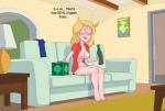 adult_swim beth_smith big_breasts blonde_hair blush breasts cartoon_network clothed clothing drunk english_text female grandfathered_content hair happy human kotaotake mammal nipples not_furry partially_clothed rick_and_morty sitting solo substance_intoxication text