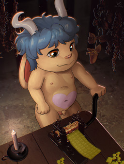 acroposthion anthro balls blue_hair brown_eyes candle candy cooking dessert flaccid food foreskin fur genitals hair high-angle_view horn humanoid_genitalia humanoid_penis inside long_ears long_foreskin looking_down male micropenis navel nipples nude penis small_penis solo unretracted_foreskin yellow_body yellow_fur young young_anthro young_male zeklullaby naitang bovid caprine goat mammal digital_media_(artwork) hi_res