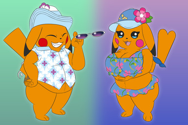 aloha_shirt anthro baseball_cap big_breasts bottomless breasts brown_body brown_fur clothed clothing cute_fangs dipstick_ears duo ear_markings eyelashes eyes_closed eyewear fangs female flower_accessory fur hand_on_hip hat headgear headwear looking_at_viewer male multicolored_ears orange_body orange_fur pattern_clothing pattern_shirt pattern_topwear shirt shortstack slightly_chubby smile sunglasses swimwear teeth thick_thighs topwear trilby two-piece_swimsuit wide_hips kamek_sans nintendo pokemon mr._windychu ms._wavychu generation_1_pokemon pikachu pokemon_(species) 3:2 hi_res