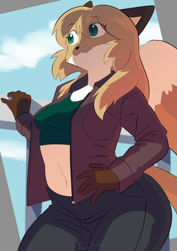 anthro big_tail bottomwear clothed clothed_anthro clothed_female clothing crop_top female green_clothing green_eyes green_shirt green_topwear happy jacket pants shirt sky solo tail topwear conditional_dnp toonarscontent averi_(fiddleafox) canid canine fox mammal absurd_res hi_res