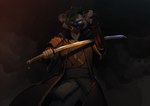 angry anthro armor asian_clothing blue_eyes clothing east_asian_clothing female japanese_clothing katana mask melee_weapon smoke solo sword weapon unknown_artist spitz_(artythepone) hyena mammal spotted_hyena absurd_res hi_res