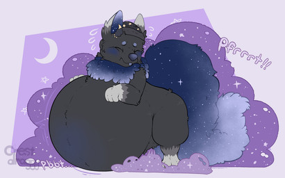 belly big_belly black_body black_fur bloated blue_blush blue_eyebrows blue_tongue blush crescent_moon eyebrows eyes_closed fart fart_cloud fur huge_belly long_tail moon motion_lines onomatopoeia pink_background purple_background purple_fart_cloud shadow simple_background sound_effects star tail text tongue crestdraggy nintendo pokemon polaris_(saiph78) eevee generation_1_pokemon pokemon_(species) 16:10 2025 absurd_res artist_name hi_res widescreen