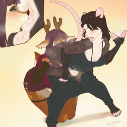 anthro antlers anus bent_over black_lipstick blush bodily_fluids bottomwear brown_body brown_fur brown_hair butt_sniffing clothing clothing_pull duo ear_piercing eyeshadow facial_piercing fanning fanning_self fishnet_clothing freckles fur gynomorph hair horn intersex kneeling knock-kneed lipstick makeup nose_piercing nose_ring panel_skew panties perineum piercing purple_hair ring_piercing septum_piercing septum_ring shirt skirt sniffing steam sweat tail tan_body tan_fur tank_top tongue tongue_out topwear underwear zeighous laura_(soft_rain) pancake_(pancake) american_opossum deer mammal marsupial virginia_opossum hi_res