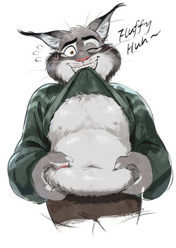 anthro belly belly_rub blush bodily_fluids clothed clothing embarrassed front_view green_clothing green_sweater green_topwear male one_eye_closed raised_clothing raised_sweater raised_topwear shirt_in_mouth simple_background smile smirk solo sweat sweater topwear white_background bogexboog disney zootopia pawbert_lynxley canada_lynx felid feline lynx mammal absurd_res hi_res