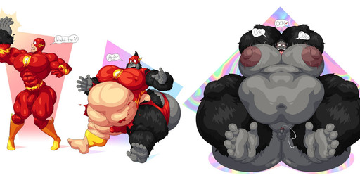 belly big_belly black_body black_fur blush bodily_fluids chubby_legs confusion cum cumshot ejaculation feet fur genital_fluids genitals genitals_shrinking huge_belly larger_but_small male moobs musclegut muscular muscular_arm muscular_male muscular_thighs nude opposable_toe overweight overweight_male penis penis_shrinking prehensile_feet slightly_chubby slightly_chubby_male small_penis solo superhero supersuit text toes transformation weight_gain bobthetanuki gorilla_grodd the_flash ape gorilla haplorhine human mammal primate hi_res