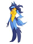 anthro blue_body blue_fur breasts featureless_breasts featureless_crotch female fur hair hand_on_hip looking_at_viewer navel nude simple_background solo standing white_background yellow_body yellow_fur inget nintendo pokemon generation_4_pokemon lucario pokemon_(species) 3:4 hi_res