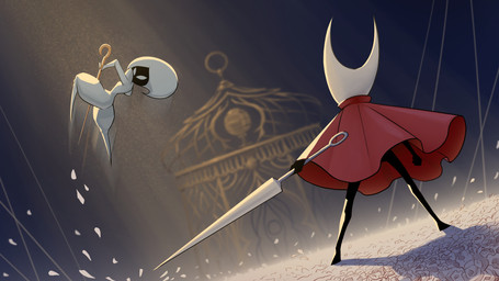 black_hands black_legs butt cloak clothed clothing duo holding_object holding_weapon hornet's_needle pose red_cloak red_clothing weapon white_legs mthsmelo hollow_knight:_silksong hollow_knight_(franchise) team_cherry hornet_(hollow_knight) lace_(hollow_knight:_silksong) arthropod 16:9 2025 hi_res widescreen