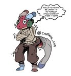 accessory ambiguous_gender anthro bodily_fluids bottomwear captaincob clothed clothing cold crossed_arms dialogue earmuffs english_text footwear front_view frown fully_clothed furgonomics horn hunched_over kobold multicolored_body multicolored_scales pale_scales pants red_body red_scales reptile scales scalie shaking shivering signature simple_background socks solo speech_bubble standing sweater tail tail_accessory tail_clothing tears text thick_tail three-quarter_view topwear two_tone_body two_tone_scales wavy_speech_bubble