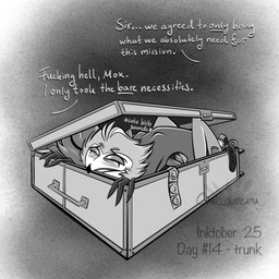 anthro beak blush blush_lines box chest_(container) clothed clothing condom condom_wrapper container dialogue feathers male multi_eye open_box open_chest open_mouth sexual_barrier_device solo text atimon hellaverse helluva_boss stolas_(helluva_boss) avian demon 1:1 2025 english_text monochrome signature