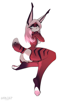4_toes anthro big_ears black_fur_markings breasts claws eyelashes feet female fluffy fluffy_tail fur fur_markings genitals hair heart_symbol inner_ear_fluff markings pawpads pink_hair pink_inner_ear pink_inner_ear_fluff pink_nose pink_pawpads red_body red_fur red_tail simple_background solo tail toes tuft vulva white_background white_body white_ears white_fur white_tail askart felid feline lynx mammal 2026 5:8 absurd_res hi_res watermark