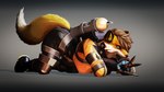 anthro blue_clothing brown_body brown_fur brown_hair clothing collar duo eyelashes female fur gloves gradient_background gun hair hair_over_eye handwear holding_object holding_weapon inner_ear_fluff kneeling male one_eye_obstructed oral_vore orange_body orange_clothing orange_fur oxygen_tank ranged_weapon simple_background straps submachine_gun tail tail_tuft tuft turnout_gear vore weapon white_body white_fur yellow_eyes huskytheprotogen epic_games fortnite team_fortress_2 valve cinder_(huskytheprotogen) fennix_(fortnite) pyro_(team_fortress_2) scout_(team_fortress_2) canid canine fox lagomorph leporid mammal rabbit red_fox true_fox 16:9 3d_(artwork) 4k absurd_res digital_media_(artwork) hi_res source_filmmaker_(artwork) widescreen