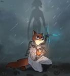 anthro barefoot clothed clothing dipstick_ears ear_markings feet fully_clothed fur grey_body grey_fur group holding_object kneeling light multicolored_ears odradek orange_body orange_fur outside raining silhouette text text_on_clothing akella death_stranding disney zootopia nick_wilde beached_thing canid canine fox lagomorph leporid mammal rabbit red_fox true_fox hi_res lighting