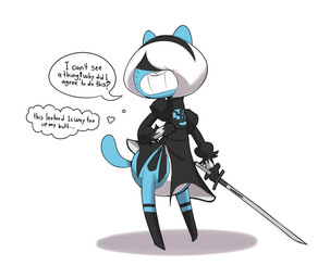 anthro asking_self black_clothing black_dress black_gloves black_hairband black_handwear black_whiskers blindfold blue_body blue_ears blue_fur blue_tail bob_cut butt clenched_teeth clothing cosplay crossover_cosplay dialogue dress ellipsis exclamation_point female fur gloves hair handwear holding_melee_weapon holding_object holding_sword holding_weapon inner_monologue leotard melee_weapon monobutt pink_nose simple_background solo speech_bubble sword tail talking_to_self teeth thinking thought_bubble weapon whiskers white_background white_clothing white_gloves white_hair white_handwear white_leotard white_speech_bubble white_thought_bubble wig maddeku cartoon_network nier_automata platinumgames the_amazing_world_of_gumball nicole_watterson yorha_2b domestic_cat felid feline felis mammal 2023 absurd_res colored crossover hi_res