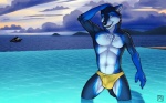 16:10 2012 abs anthro backdraft beach biceps biped blue_body blue_eyes blue_fur blue_theme boat bulge canid canine canis chest_tuft clothed clothing cloud detailed_background fangs front_view fur hand_on_head looking_at_viewer male mammal muscular muscular_anthro muscular_male navel outside pecs pose sand sea seaside sky smile solo speedo standing swimming swimwear tail teeth topless tsaiwolf tuft vehicle water watercraft wet widescreen wolf