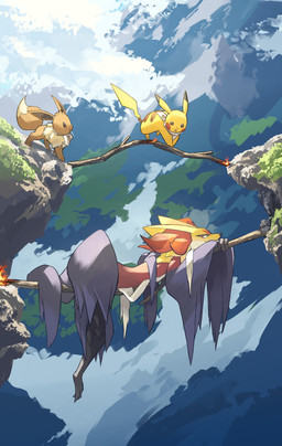 anthro black_body black_fur brown_body brown_eyes brown_fur feral fur group inner_ear_fluff lying mountain on_front outside quadruped red_body red_eyes red_fur stick trio tuft yellow_body yellow_fur hakkentai_pkdn nintendo pokemon pokemon_legends_z-a pokemon_mystery_dungeon spike_chunsoft eevee generation_1_pokemon generation_9_pokemon mega_delphox mega_evolution pikachu pokemon_(species) hi_res shaded