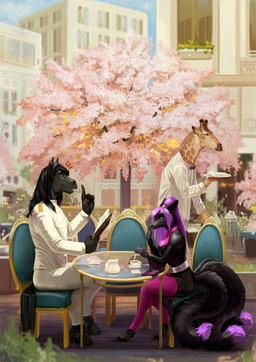 anthro black_body black_fur black_hair blue_eyes blurred_background building chair clothed clothing day female female_anthro fur furniture grey_body grey_fur group hair male male_anthro narrowed_eyes on_chair open_mouth outside plant purple_eyes purple_hair side_view sitting table tree satanic_monkey hisao canid canine equid equine giraffe giraffid horse mammal absurd_res hi_res