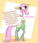 big_eyes cutie_mark dialogue drugs eyelashes female green_outfit hair hooves long_ears long_neck pink_hair pink_tail raised_hoof raised_leg shadow shy simple_background solo tail talking_to_viewer text yellow_body cocaine_(artist) conditional_dnp centaurworld friendship_is_magic hasbro my_little_pony netflix fluttershy_(mlp) glendale_(centaurworld) taur crossover hi_res