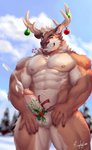 2020 abs absurd_res accessory anthro antlers balls biceps blue_eyes blush bodily_fluids body_hair bottomwear brown_body brown_fur candy cane christmas christmas_ornament clothing cum cumshot dated deer dessert ejaculation erection evergreen_tree facial_hair food food_in_mouth front_view fur genital_fluids genitals happy_trail hi_res holidays holly_(plant) horn humanoid_genitalia humanoid_penis looking_at_viewer male mammal mistletoe multicolored_body multicolored_fur muscular muscular_anthro muscular_male neck_tuft new_world_deer nipples nude one_eye_closed open_mouth outside pecs penis penis_accessory penis_ribbon pine_tree pinup plant portrait pose presenting presenting_penis quads raytig12 reindeer ribbons signature sky snow solo standing teeth three-quarter_portrait tree triceps tuft two_tone_body two_tone_fur white_body white_fur