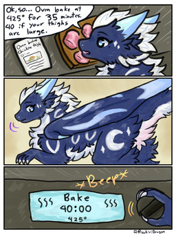 chibi claws cooking dialogue female feral fur horn humor quadruped side_view solo text thick_thighs ryukiri mythology noelle_(ryukiri) dragon furred_dragon furred_scalie mythological_creature mythological_scalie scalie 3:4 comic english_text hi_res