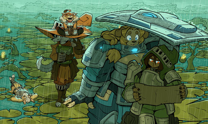 5_fingers 5_toes ahoge anthro armor blonde_hair blue_eyes breasts brown_hair claws cleavage clothed clothing feet female female_anthro finger_claws fingerless_gloves fingers fur gloves glowing glowing_armor group hair hands_behind_head handwear holding_map holding_object holding_shield humanoid_feet lily_pad lying map on_back orange_eyes plant plantigrade raining shield shielding_head sitting_on_another stirrup_footwear tail tan_body tan_fur toes tongue tongue_out walking white_body white_fur ceehaz dog_knight_rpg jeane_(ceehaz) maci_(ceehaz) nix_(ceehaz) orinette_(ceehaz) rory_(ceehaz) bird_dog borzoi canid canine canis dobermann domestic_dog golden_retriever herding_dog hunting_dog mammal pastoral_dog pinscher pomeranian retriever sighthound spitz welsh_corgi 2025 5:3 absurd_res hi_res