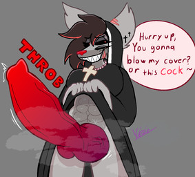 3_eyes anthro big_penis brown_hair clothing ear_piercing female genitals gynomorph hair highlights_(coloring) huge_penis hyper hyper_genitalia hyper_penis intersex multi_eye musk musky_penis nun nun_habit nun_outfit penis piercing red_highlights religious_clothing text vixiousune mythology gloom_(kitsuneblueberry) kitsuneblueberry canid canid_demon canine demon hellhound mammal mythological_canine mythological_creature english_text hi_res